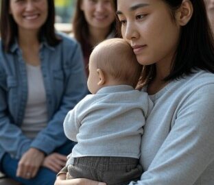 A mother surrounded by friends wonder why parenting feels lonely